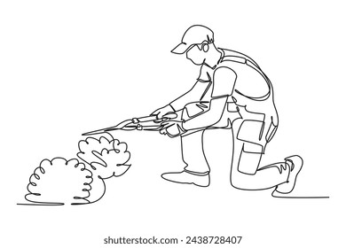 Single one line drawing of Gardener Trimming Garden Plants. Farming challenge minimal concept. Continuous line draw design graphic vector illustration.