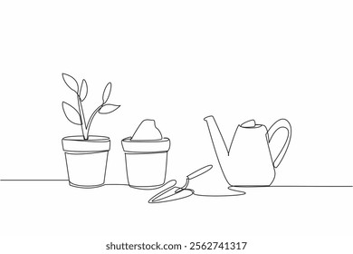 Single one line drawing gardening tools. Activities to filter to be cleaner. Greening the house, greening the beloved earth. Nature. National Gardening Day. Continuous line design graphic illustration