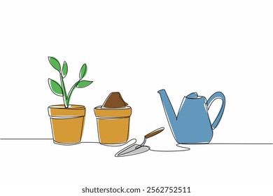 Single one line drawing gardening tools. Activities to filter to be cleaner. Greening the house, greening the beloved earth. Nature. National Gardening Day. Continuous line design graphic illustration