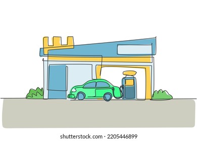 Single one line drawing of gas station for refueling car gasoline. Rest area construction building isolated doodle minimal concept. Trendy continuous line draw design graphic vector illustration