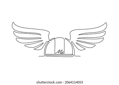 Single one line drawing gaul (gaelic) warrior helmet with wings. Warrior symbol icon isolated. Flat element for emblem, sticker, badge, label, icon. Modern continuous line draw design graphic vector
