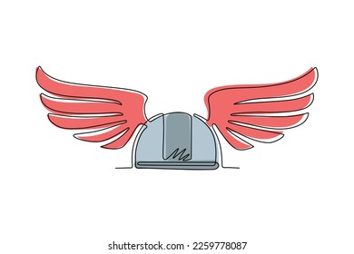 Casco guerrero de una línea de dibujo con alas. Icono de símbolo de guerrero aislado. Elemento plano para emblema, pegatina, placa, etiqueta, icono. Moderno diseño de traza continua de línea vector gráfico