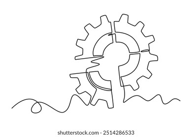 Single one line drawing gear from puzzle pieces logo icon. Business creativity, teamwork, partnership, collaboration and success concept. Modern continuous line draw design graphic vector illustration