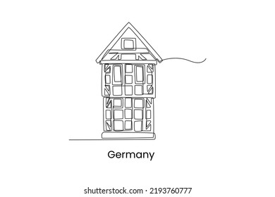 Single one line drawing german thalf-timbered house. Traditional house concept. Continuous line draw design graphic vector illustration.