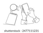 Single one line drawing of gesture hand holding touch smartphone screen doing transaction online shopping beside mug of drink. Device gadget concept. Continuous line design graphic vector illustration