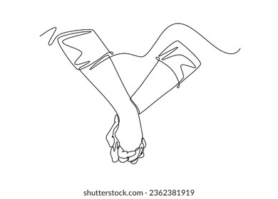 Single one line drawing gesture of two adult hands holding each other together to express love and care. Romantic young couple lover concept. Modern continuous line design graphic vector illustration
