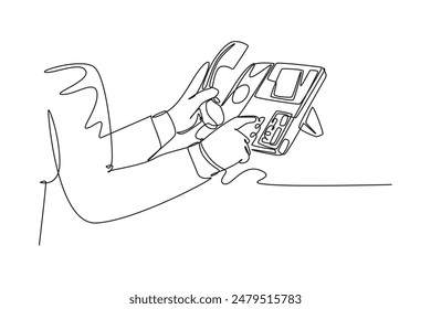 Single one line drawing of gesture hand picking handle retro classic analog phone up. Old vintage analog telephone communication concept. Modern continuous line draw design graphic vector illustration