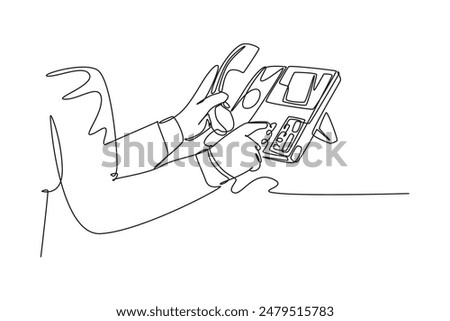 Single one line drawing of gesture hand picking handle retro classic analog phone up. Old vintage analog telephone communication concept. Modern continuous line draw design graphic vector illustration