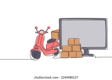 Single one line drawing giant monitor standing in front of courier scooter and pile of package boxes. Online delivery service concept. Modern continuous line draw design graphic vector illustration