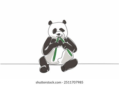 Eine einzige Zeile, die einen riesigen Panda zeichnet, isst Bambus. Tägliche Aktivitäten in Gefangenschaft. Zoo. Die Gewohnheiten von Pandas lernen. Zoologie. Nationaler Panda-Tag. Grafische Illustration zum Liniendesign