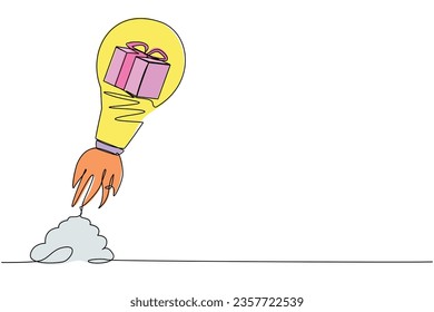 Single one line drawing of gift box launching with light bulb. Fast delivery online service, technology transportation express logistic company. Continuous line draw design graphic vector illustration