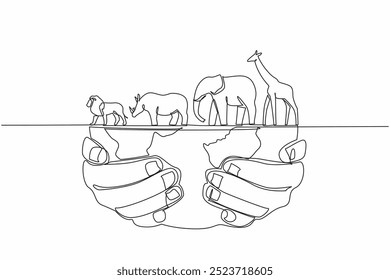 Una sola línea dibujando jirafa, elefante, león y rinoceronte en la parte superior de un globo terráqueo. Diversidad de vida en el planeta. Evitando la extinción. Día Mundial de la Vida Silvestre. Ilustración gráfica de diseño de línea continua