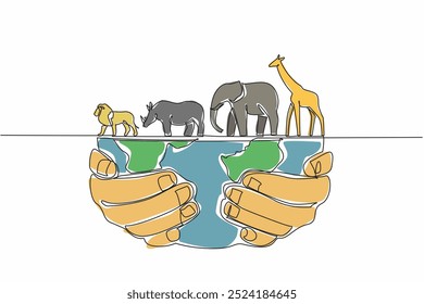 Una sola línea dibujando jirafa, elefante, león y rinoceronte en la parte superior de un globo terráqueo. Diversidad de vida en el planeta. Evitando la extinción. Día Mundial de la Vida Silvestre. Ilustración gráfica de diseño de línea continua