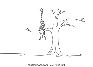 Single one line drawing giraffe sitting on a big dry tree branch. Loss of natural habitat. Climate change is too extreme. National Endangered Species Day. Continuous line design graphic illustration