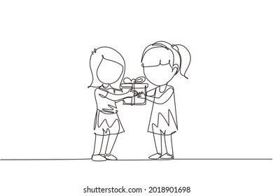 Single one line drawing girl giving her friend birthday ribbon bow gift box. Children excited receiving gift from friend. Child hand over holiday present. Continuous line draw design graphic vector