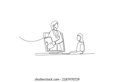 Single one line drawing Girl study on computer screen and the professor explained note on the video call. International teacher's day concept. Continuous line draw design graphic vector illustration.