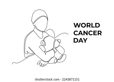 Single one line drawing Girl cover her head with hat or headscarf holding dolls. World cancer day concept. Continuous line draw design graphic vector illustration.