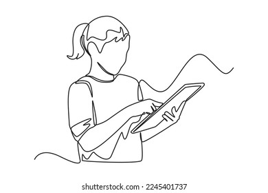 Single one line drawing girl looks very serious because doing the task of analyzing product network marketing on a tablet. Sales Concept. Continuous line draw design graphic vector illustration.