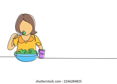 Single one line drawing girl having salad meal with fork around table. Happy and enjoy breakfast in morning. Delicious and healthy food. Modern continuous line draw design graphic vector illustration