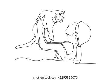 Single one line drawing girl holding her cat. Urban pets concept. Continuous line draw design graphic vector illustration.