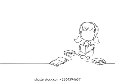 Single one line drawing girl who really likes reading. Everyday one book is read. Good habit. There is no day without reading book. Book festival concept. Continuous line design graphic illustration