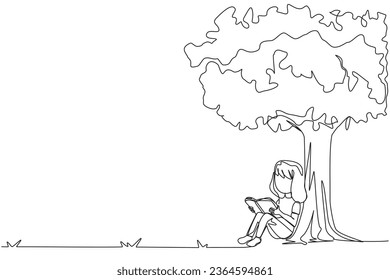 Single one line drawing girl sitting reading a book under shady tree. Continuing the second volume of the fiction story book. Enjoy reading. Book festival. Continuous line design graphic illustration