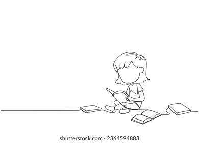 Single one line drawing girl sitting relaxed in a library reading a lot of books. Looking for answers to school assignments. Reading hobby. Book festival. Continuous line design graphic illustration