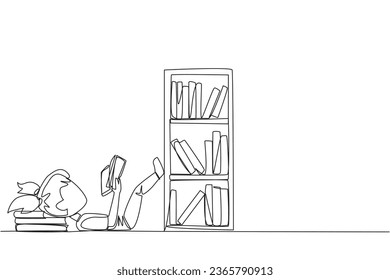 Single one line drawing girl lying on back reading fiction story book near bookcase. Read slowly to enjoy the storyline. Hobby reading. Very good habit. Continuous line design graphic illustration