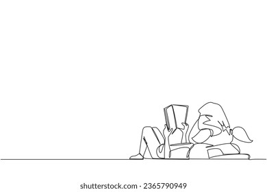 Single one line drawing girl lying on back reading book. Reading favorite comic. Big fan of fiction books. Enjoy the storyline. Reading increases insight. Continuous line design graphic illustration