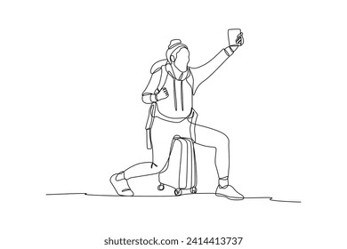 Single one line drawing a girl who is very happy for the holidays. Travel, vacation, holidays and adventure. Mountain landscape. Continuous line draw design graphic vector illustration