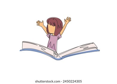 Single one line drawing the girl pops out from the middle of the book. Imagine the storyline. Experience a storybook adventure. Book festival concept. Continuous line design graphic illustration