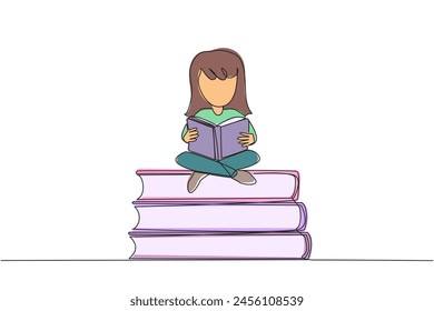 Single one line drawing girl sit cross-legged on pile of large books. Reading comic. Reading textbook. Read scientific journals. Reading increase insight. Continuous line design graphic illustration