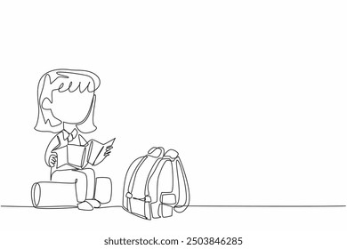 Single one line drawing girl in a scout uniform sits on a large tree stump. Take a break by reading map in hand. Mapping location. National Girl Scout Day. Continuous line design graphic illustration