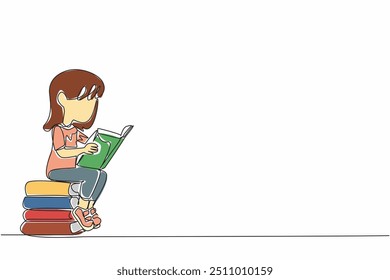 Una sola línea dibujando a la chica sentada leyendo en serio en la pila de libros. Un niño feliz. Aumente la percepción y el conocimiento. Día Nacional de la Lectura en América. Ilustración gráfica de diseño de línea continua