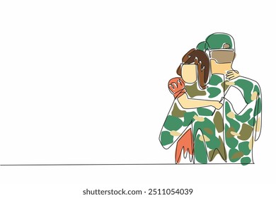 Una sola línea dibujando a una chica sosteniendo una Pequeña bandera abrazando a su padre soldado. Celebrando el regreso a casa. Fuera de servicio. Alegría juntos. Abrazo Nacional en el Día de la IG. Ilustración gráfica de diseño de línea continua