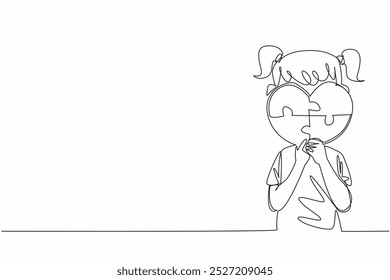 Single one line drawing girl holding a heart shaped 4 piece puzzle. A changeable mindset. Needs more attention. Treatment. World Autism Awareness Day. Continuous line design graphic illustration