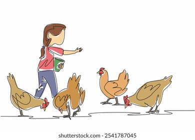 Una sola línea dibujando a una niña que lleva un Pequeño cubo y rociando comida en los pollos. Primera experiencia de alimentación. La mejor sensación. Día Nacional de los Animales de Granja. Ilustración gráfica de diseño de línea continua