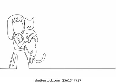 Single one line drawing girl holding her beloved striped cat in both hands. Super adorable funny behavior. Long time friends. National Kids and Pets Day. Continuous line design graphic illustration