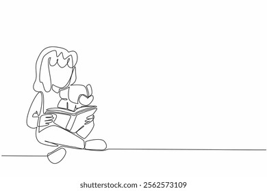 Single one line drawing girl sitting crossed legs hugging elephant doll and reading story book. Tell best habitat of elephants. National Tell a Story Day. Continuous line design graphic illustration