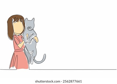 Single one line drawing girl holding her beloved striped cat in both hands. Super adorable funny behavior. Long time friends. National Kids and Pets Day. Continuous line design graphic illustration