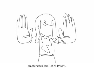 Single one line drawing the girl raised both her hands and pointed them forward. No more verbal abuse. More friends and sweet memories. Anti Bullying Day. Continuous line design graphic illustration