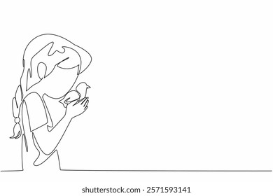 Single one line drawing girl kisses head of chick. Play all day with the pet. Inviting to joke. Adorable fluffy fur. International Respect for Chickens Day. Continuous line design graphic illustration