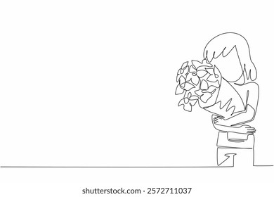 Single one line drawing girl hugging bouquet of flowers. A sign of concern for fellow human beings. Give each other a positive impression. World Give Day. Continuous line design graphic illustration