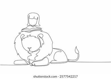 Single one line drawing girl reading book on cute lion. Girl Reading Book at Animal Back. Reading books can be anywhere. Good seeker of knowledge. The nerd. Continuous line design graphic illustration