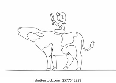 Single one line drawing girl reading book on cute cow. Read recipe books for delicious meat dishes. Aspiring little chef. Girl Reading Book at Animal Back. Continuous line design graphic illustration