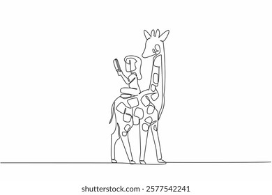 Single one line drawing girl reading book on cute giraffe. Read about the tallest living land animal. Increase knowledge. Girl Reading Book at Animal Back. Continuous line design graphic illustration