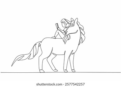 Single one line drawing the girl reading book on cute unicorn. Sitting back. Relaxed but very serious reading. The nerd. Girl Reading Book at Animal Back. Continuous line design graphic illustration