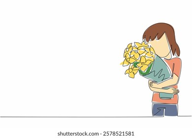 Single one line drawing girl hugging bouquet of flowers. A sign of concern for fellow human beings. Give each other a positive impression. World Give Day. Continuous line design graphic illustration