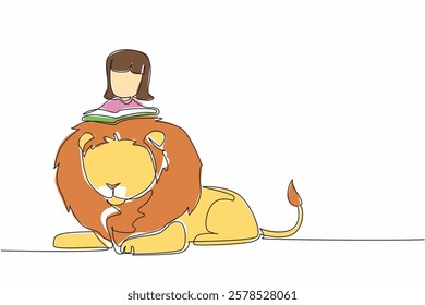 Single one line drawing girl reading book on cute lion. Girl Reading Book at Animal Back. Reading books can be anywhere. Good seeker of knowledge. The nerd. Continuous line design graphic illustration