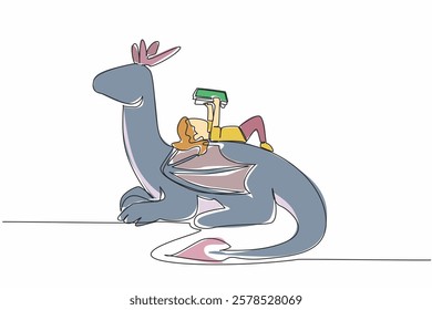 Single one line drawing girl reading book on cute dragon. Relaxing while reading. Increasing knowledge in various ways. Girl Reading Book at Animal Back. Continuous line design graphic illustration
